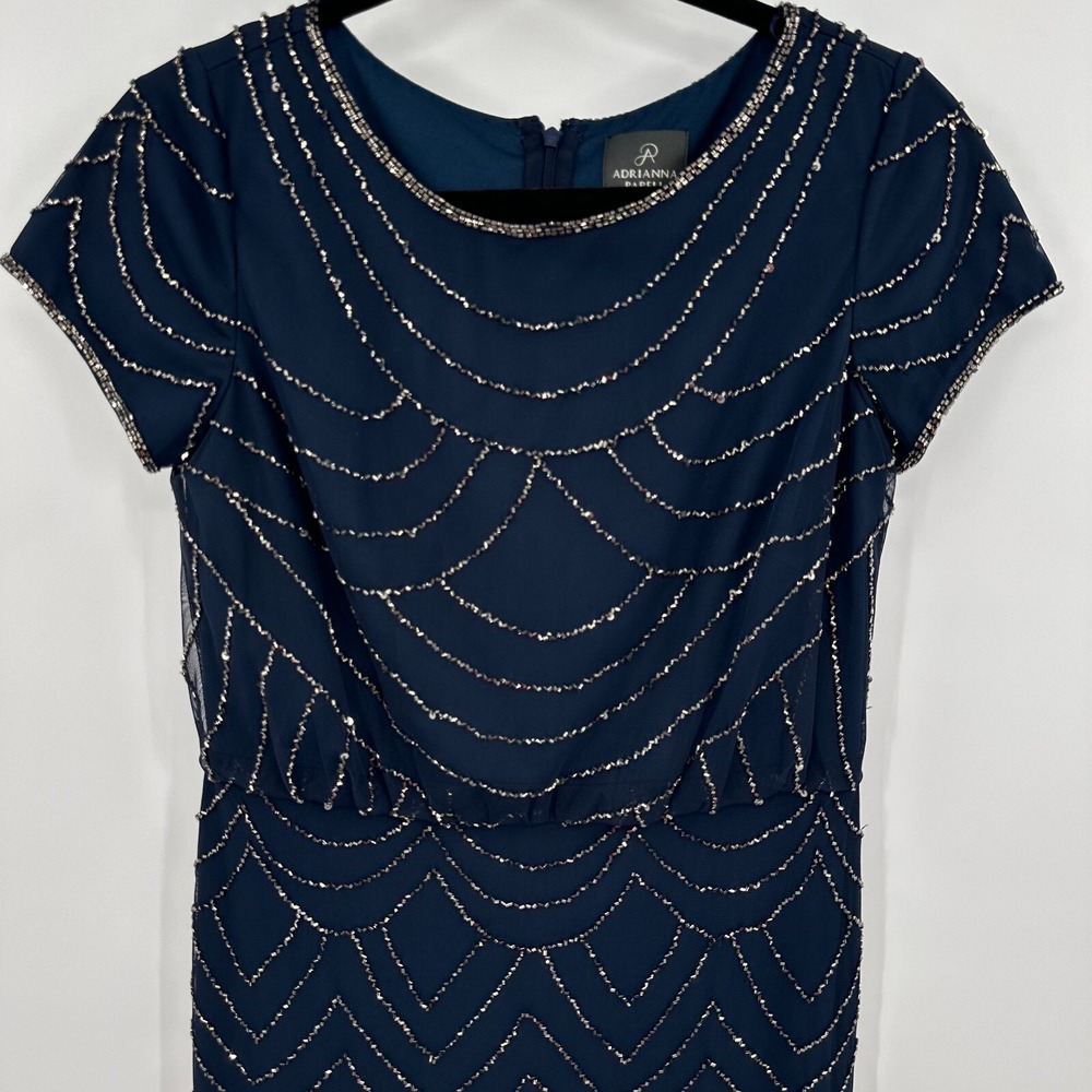 Adrianna Papell Blouson Gown Women's Sz 6 Blue Beaded‎ Short Sleeve Back Zipper